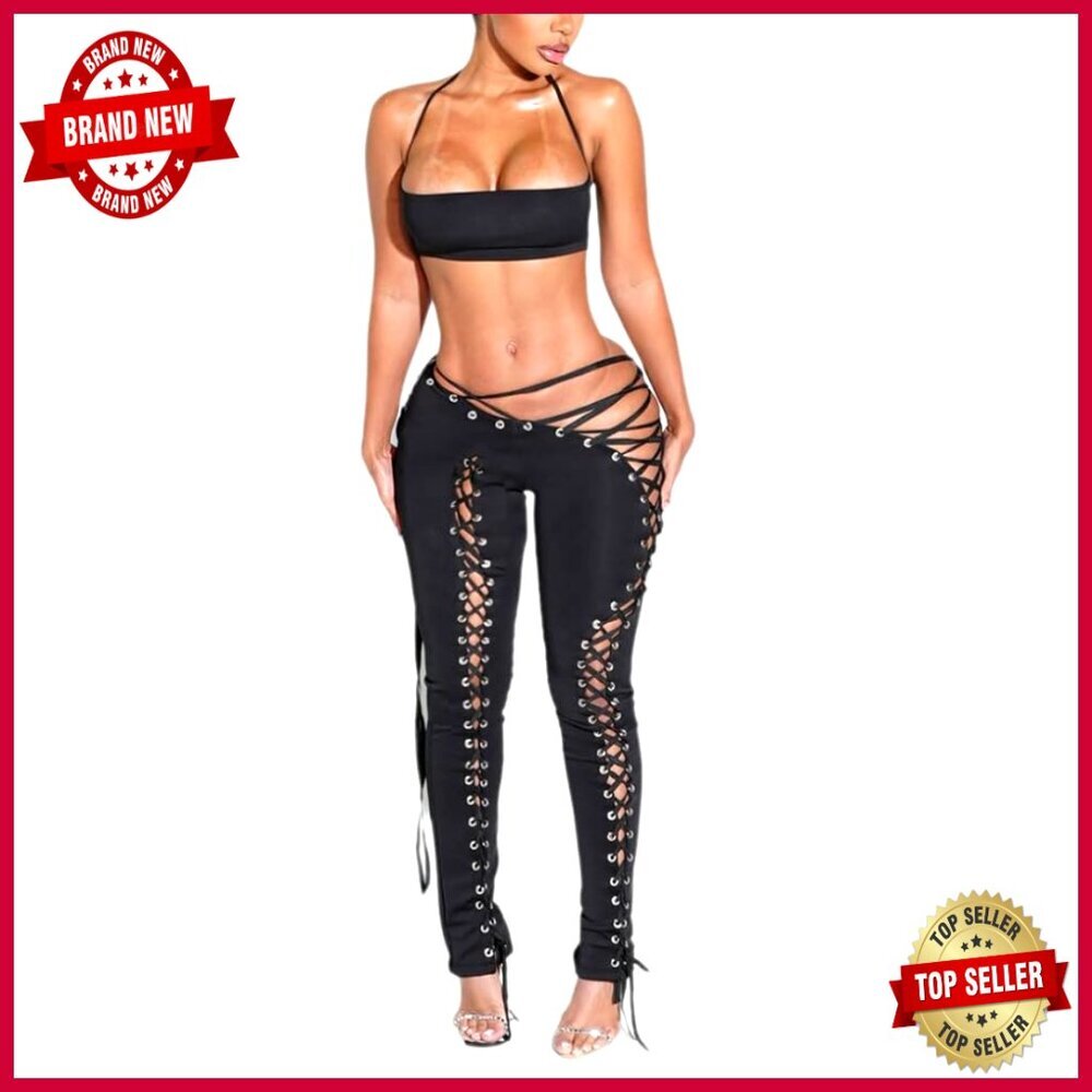Sexy Two Piece Set Halter Tube Top High Waist Lace Up Pants Club Outfit